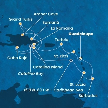 Guadeloupe, Svatý Kryštof a Nevis, Britské Panenské ostrovy, Dominikánská republika, Zámořské území Velké Británie, Svatá Lucie, Barbados z Pointe-à-Pitre, Guadeloupe na lodi Costa Pacifica