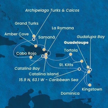 Guadeloupe, Zámořský departement Francie, Svatý Kryštof a Nevis, Britské Panenské ostrovy, Dominikánská republika, Zámořské území Velké Británie, Dominika, Svatý Vincenc a Grenadiny z Pointe-à-Pitre, Guadeloupe na lodi Costa Pacifica