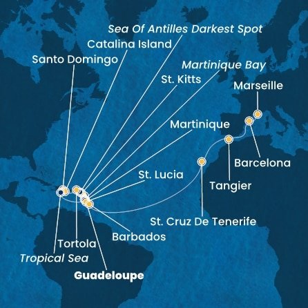Guadeloupe, Svatý Kryštof a Nevis, Britské Panenské ostrovy, Dominikánská republika, Martinik, Svatá Lucie, Barbados, Španělsko, Maroko, Francie z Pointe-à-Pitre na lodi Costa Fascinosa