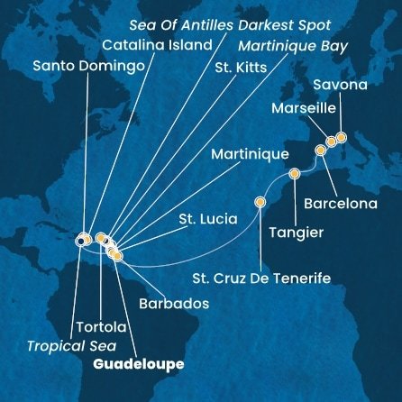 Guadeloupe, Svatý Kryštof a Nevis, Britské Panenské ostrovy, Dominikánská republika, Martinik, Svatá Lucie, Barbados, Španělsko, Maroko, Francie, Itálie z Pointe-à-Pitre, Guadeloupe na lodi Costa Fascinosa