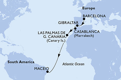Španělsko, Velká Británie, Maroko, Brazílie z Barcelony na lodi MSC Splendida