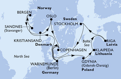 Německo, Norsko, Dánsko, Polsko, Litva, Lotyšsko, Švédsko z Warnemünde na lodi MSC Magnifica