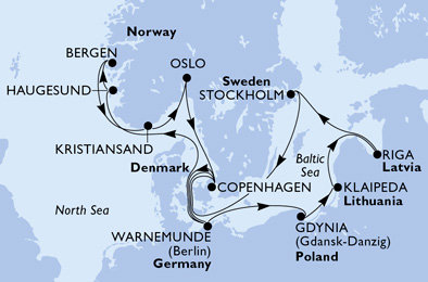 Německo, Norsko, Dánsko, Polsko, Litva, Lotyšsko, Švédsko z Warnemünde na lodi MSC Magnifica