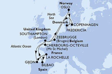 Velká Británie, Španělsko, Francie, Norsko, Dánsko, Belgie ze Southamptonu na lodi MSC Meraviglia