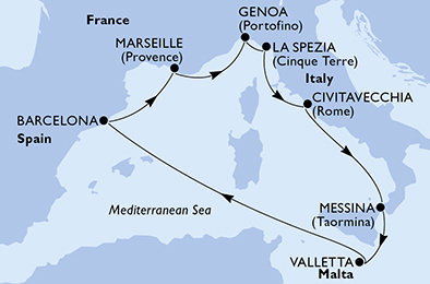 Itálie, Malta, Španělsko, Francie z Messiny na lodi MSC World Europa