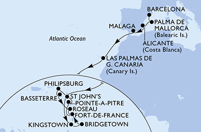 Španělsko, Antigua a Barbuda, Svatý Vincenc a Grenadiny, Barbados, Martinik, Guadeloupe, Svatý Martin, Svatý Kryštof a Nevis, Dominika z Barcelony na lodi MSC World Asia