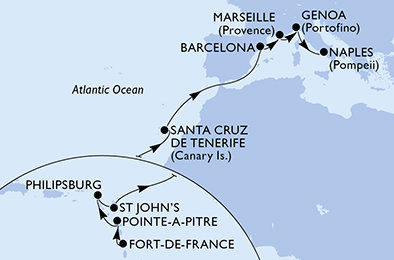 Martinik, Guadeloupe, Svatý Martin, Antigua a Barbuda, Španělsko, Francie, Itálie z Fort-de-France na lodi MSC World Asia