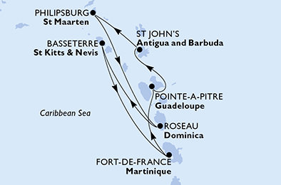 Guadeloupe, Antigua a Barbuda, Svatý Martin, Dominika, Svatý Kryštof a Nevis, Martinik z Pointe-à-Pitre na lodi MSC World Asia