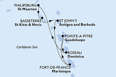 Guadeloupe, Dominika, Svatý Martin, Svatý Kryštof a Nevis, Antigua a Barbuda, Martinik z Pointe-à-Pitre na lodi MSC World Asia