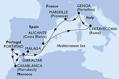 Španělsko, Itálie, Francie, Portugalsko, Maroko, Velká Británie z Alicante na lodi MSC Sinfonia