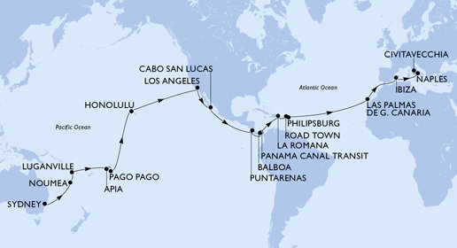 Austrálie, Nová Kaledonie, Vanuatu, Samoa, Americká Samoa, USA, Mexiko, Kostarika, , Panama, Dominikánská republika, Britské Panenské ostrovy, Svatý Martin, Španělsko, Itálie ze Sydney na lodi MSC Magnifica