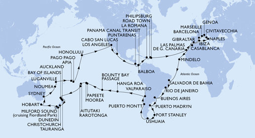 Itálie, Francie, Španělsko, Velká Británie, Maroko, Kapverdy, Brazílie, Argentina, Zámořské území Velké Británie, Chile, Francouzská Polynésie, Cookovy ostrovy, Nový Zéland, Austrálie, Nová Kaledonie, Vanuatu, Samoa, Americká Samoa, USA, Mexiko, Kostarika, , Panama, Dominikánská republika, Britské Panenské ostrovy, Svatý Martin z Janova na lodi MSC Magnifica