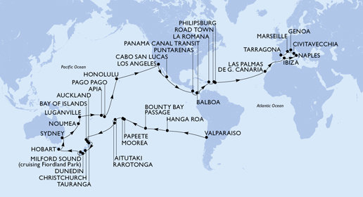 Chile, Zámořské území Velké Británie, Francouzská Polynésie, Cookovy ostrovy, Nový Zéland, Austrálie, Nová Kaledonie, Vanuatu, Samoa, Americká Samoa, USA, Mexiko, Kostarika, , Panama, Dominikánská republika, Britské Panenské ostrovy, Svatý Martin, Španělsko, Itálie, Francie z Valparaisa na lodi MSC Magnifica