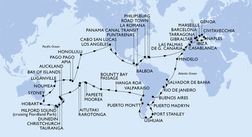 Španělsko, Velká Británie, Maroko, Kapverdy, Brazílie, Argentina, Zámořské území Velké Británie, Chile, Francouzská Polynésie, Cookovy ostrovy, Nový Zéland, Austrálie, Nová Kaledonie, Vanuatu, Samoa, Americká Samoa, USA, Mexiko, Kostarika, , Panama, Dominikánská republika, Britské Panenské ostrovy, Svatý Martin, Itálie, Francie z Barcelony na lodi MSC Magnifica