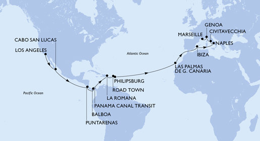 USA, Mexiko, Kostarika, , Panama, Dominikánská republika, Britské Panenské ostrovy, Svatý Martin, Španělsko, Itálie, Francie na lodi MSC Magnifica
