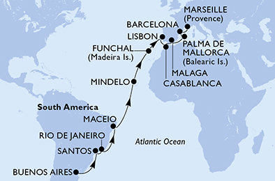 Argentina, Brazílie, Kapverdy, Portugalsko, Maroko, Španělsko, Francie z Buenos Aires na lodi MSC Seaview