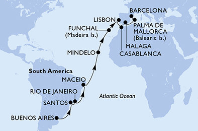 Argentina, Brazílie, Kapverdy, Portugalsko, Maroko, Španělsko z Buenos Aires na lodi MSC Seaview