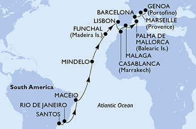 Brazílie, Kapverdy, Portugalsko, Maroko, Španělsko, Francie, Itálie ze Santosu na lodi MSC Seaview