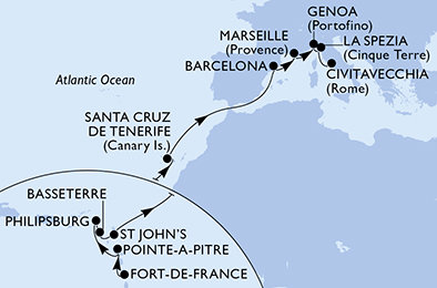 Martinik, Guadeloupe, Svatý Martin, Svatý Kryštof a Nevis, Antigua a Barbuda, Španělsko, Francie, Itálie z Fort-de-France na lodi MSC World Europa