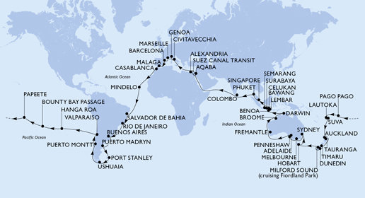 Itálie, Francie, Španělsko, Maroko, Kapverdy, Brazílie, Argentina, Zámořské území Velké Británie, Chile, Francouzská Polynésie, Americká Samoa, , Fidži, Nový Zéland, Austrálie, Indonésie, Singapur, Thajsko, Srí Lanka, Jordánsko, Egypt z Janova na lodi MSC Magnifica
