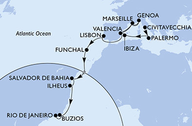 Itálie, Španělsko, Francie, Portugalsko, Brazílie z Civitavecchia na lodi MSC Musica