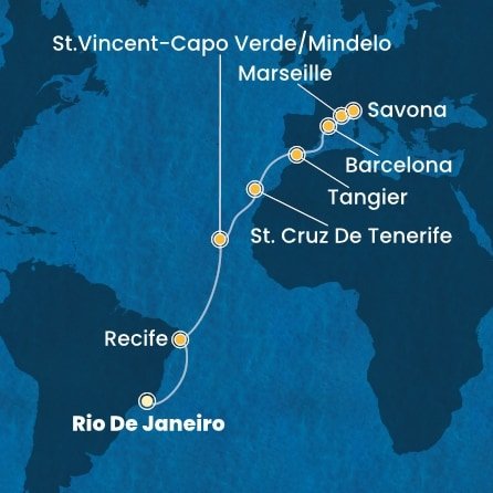 Brazílie, Kapverdy, Španělsko, Maroko, Francie, Itálie z Rio de Janeira na lodi Costa Favolosa