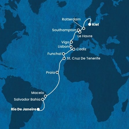 Brazílie, Kapverdy, Španělsko, Portugalsko, Francie, Velká Británie, Nizozemsko, Německo z Rio de Janeira na lodi Costa Diadema