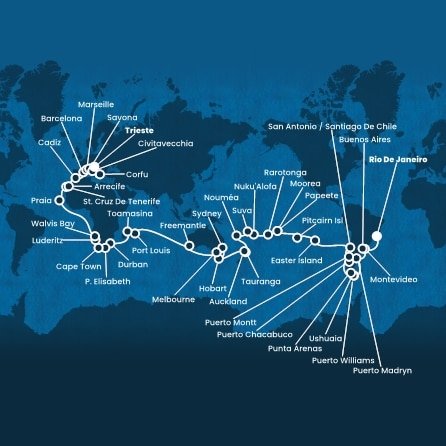Brazílie, Uruguay, Argentina, Chile, Zámořské území Velké Británie, Francouzská Polynésie, Cookovy ostrovy, Tonga, Fidži, Nová Kaledonie, Nový Zéland, Austrálie, Mauricius, Madagaskar, Jihoafrická republika, Namibie, Kapverdy, Španělsko, Francie, Itálie, Řecko z Rio de Janeira na lodi Costa Deliziosa