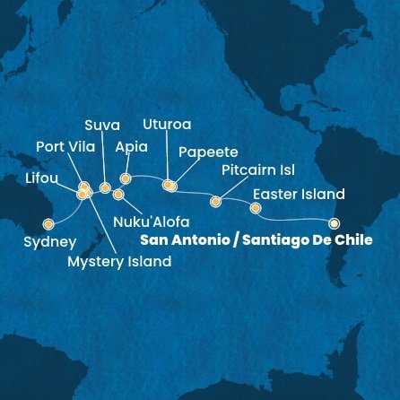 Chile, Zámořské území Velké Británie, Francouzská Polynésie, Zámořské společenství Francie, Samoa, Tonga, Fidži, Vanuatská republika, Nová Kaledonie, Austrálie ze San Antonio na lodi Costa Deliziosa