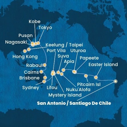 Chile, Zámořské území Velké Británie, Francouzská Polynésie, Zámořské společenství Francie, Samoa, Tonga, Fidži, Vanuatská republika, Nová Kaledonie, Austrálie, Papua Nová Guinea, Japonsko, Jižní Korea, Tchaj-wan, Čína ze San Antonio na lodi Costa Deliziosa