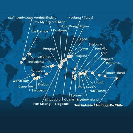 Chile, Zámořské území Velké Británie, Francouzská Polynésie, Zámořské společenství Francie, Samoa, Tonga, Fidži, Vanuatská republika, Nová Kaledonie, Austrálie, Papua Nová Guinea, Japonsko, Jižní Korea, Tchaj-wan, Čína, Vietnam, Singapur, Malajsie, Srí Lanka, Maledivy, Mauricius, Jihoafrická republika, Namibie, Kapverdy, Španělsko ze San Antonio na lodi Costa Deliziosa