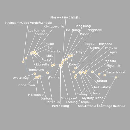 Chile, Zámořské území Velké Británie, Francouzská Polynésie, Zámořské společenství Francie, Samoa, Tonga, Fidži, Vanuatská republika, Nová Kaledonie, Austrálie, Papua Nová Guinea, Japonsko, Jižní Korea, Tchaj-wan, Čína, Vietnam, Singapur, Malajsie, Srí Lanka, Maledivy, Mauricius, Jihoafrická republika, Namibie, Kapverdy, Španělsko, Francie, Itálie, Řecko ze San Antonio na lodi Costa Deliziosa