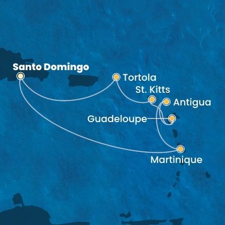 Dominikánská republika, Martinik, Antigua a Barbuda, Guadeloupe, Svatý Kryštof a Nevis, Britské Panenské ostrovy ze Santo Dominga na lodi Costa Fascinosa