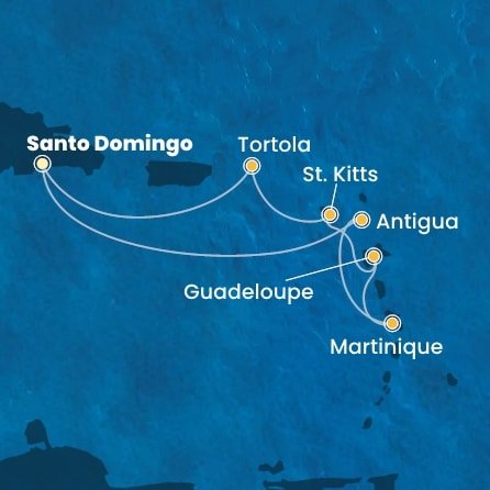 Dominikánská republika, Antigua a Barbuda, Martinik, Guadeloupe, Svatý Kryštof a Nevis, Britské Panenské ostrovy ze Santo Dominga na lodi Costa Favolosa