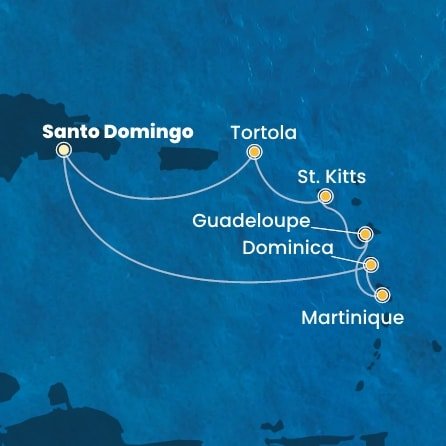 Dominikánská republika, Dominika, Martinik, Guadeloupe, Svatý Kryštof a Nevis, Britské Panenské ostrovy ze Santo Dominga na lodi Costa Favolosa