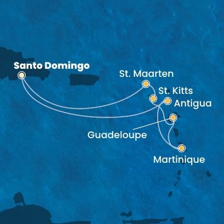 Dominikánská republika, Antigua a Barbuda, Martinik, Guadeloupe, Svatý Kryštof a Nevis, Svatý Martin ze Santo Dominga na lodi Costa Favolosa
