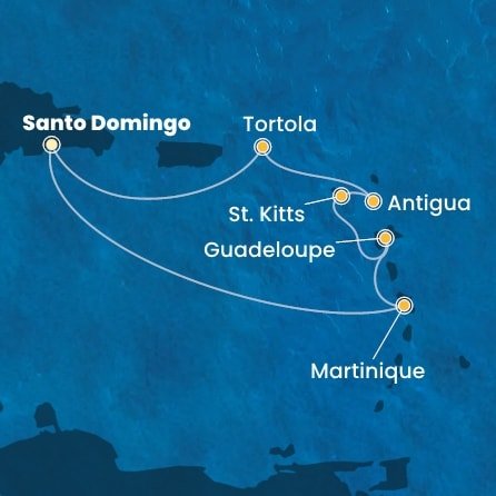 Dominikánská republika, Martinik, Guadeloupe, Svatý Kryštof a Nevis, Antigua a Barbuda, Britské Panenské ostrovy ze Santo Dominga na lodi Costa Favolosa