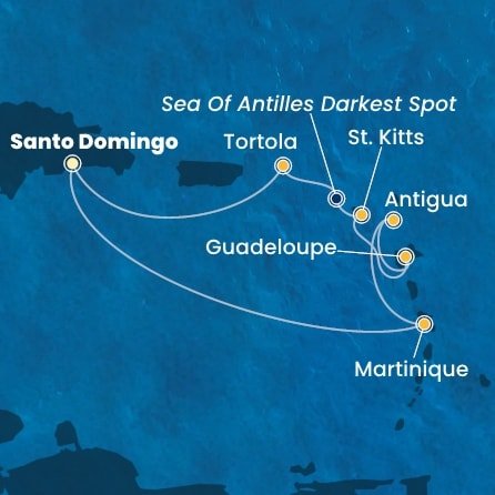Dominikánská republika, Martinik, Antigua a Barbuda, Guadeloupe, Svatý Kryštof a Nevis, Britské Panenské ostrovy ze Santo Dominga na lodi Costa Fascinosa