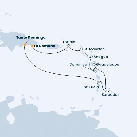 Dominikánská republika, Svatá Lucie, Barbados, Guadeloupe, Dominika, Antigua a Barbuda, Svatý Martin, Britské Panenské ostrovy ze Santo Dominga na lodi Costa Pacifica