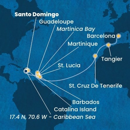Dominikánská republika, , Martinik, Zámořský departement Francie, Guadeloupe, Svatá Lucie, Barbados, Španělsko, Maroko ze Santo Dominga na lodi Costa Fascinosa