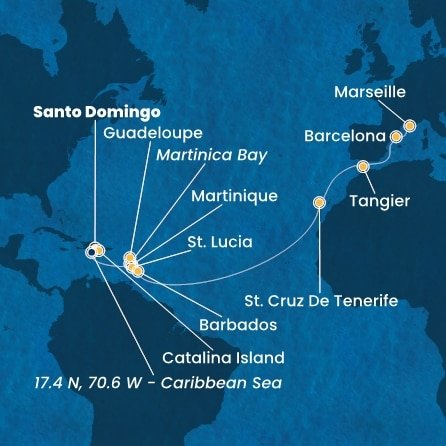 Dominikánská republika, , Martinik, Zámořský departement Francie, Guadeloupe, Svatá Lucie, Barbados, Španělsko, Maroko, Francie ze Santo Dominga na lodi Costa Fascinosa