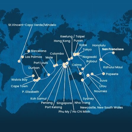 USA, Francouzská Polynésie, Fidži, Nová Kaledonie, Austrálie, Papua Nová Guinea, Japonsko, Jižní Korea, Tchaj-wan, Čína, Vietnam, Thajsko, Singapur, Malajsie, Srí Lanka, Maledivy, Mauricius, Jihoafrická republika, Namibie, Kapverdy, Španělsko ze San Francisca na lodi Costa Deliziosa