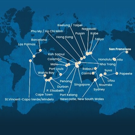 USA, Francouzská Polynésie, Fidži, Nová Kaledonie, Austrálie, Papua Nová Guinea, Japonsko, Jižní Korea, Tchaj-wan, Čína, Vietnam, Thajsko, Singapur, Malajsie, Srí Lanka, Maledivy, Mauricius, Jihoafrická republika, Namibie, Kapverdy, Španělsko ze San Francisca na lodi Costa Deliziosa
