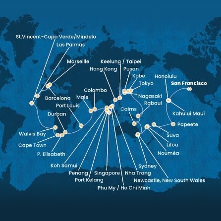 USA, Francouzská Polynésie, Fidži, Nová Kaledonie, Austrálie, Papua Nová Guinea, Japonsko, Jižní Korea, Tchaj-wan, Čína, Vietnam, Thajsko, Singapur, Malajsie, Srí Lanka, Maledivy, Mauricius, Jihoafrická republika, Namibie, Kapverdy, Španělsko, Francie ze San Francisca na lodi Costa Deliziosa