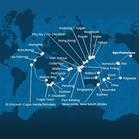 USA, Francouzská Polynésie, Fidži, Nová Kaledonie, Austrálie, Papua Nová Guinea, Japonsko, Jižní Korea, Tchaj-wan, Čína, Vietnam, Thajsko, Singapur, Malajsie, Srí Lanka, Maledivy, Mauricius, Jihoafrická republika, Namibie, Kapverdy, Španělsko, Francie ze San Francisca na lodi Costa Deliziosa