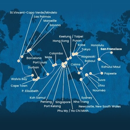 USA, Francouzská Polynésie, Fidži, Nová Kaledonie, Austrálie, Papua Nová Guinea, Japonsko, Jižní Korea, Tchaj-wan, Čína, Vietnam, Thajsko, Singapur, Malajsie, Srí Lanka, Maledivy, Mauricius, Jihoafrická republika, Namibie, Kapverdy, Španělsko, Francie, Itálie ze San Francisca na lodi Costa Deliziosa