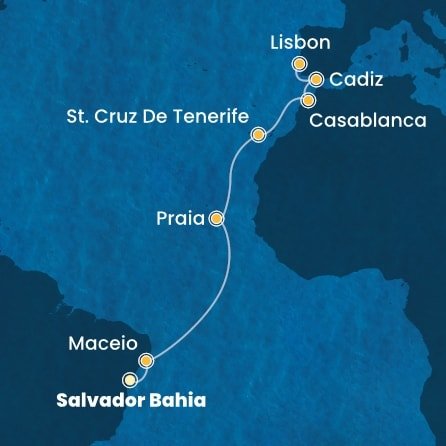 Brazílie, Kapverdy, Španělsko, Maroko, Portugalsko ze Salvadoru na lodi Costa Diadema