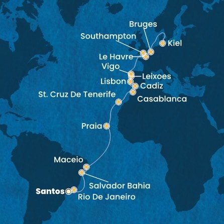 Brazílie, Kapverdy, Španělsko, Maroko, Portugalsko, Francie, Velká Británie, Belgie, Německo ze Santosu na lodi Costa Diadema