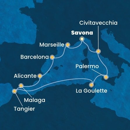 Itálie, Francie, Španělsko, Maroko, Tunisko ze Savony na lodi Costa Toscana