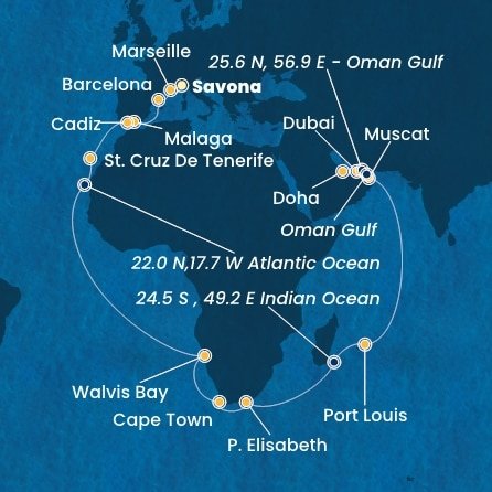 Itálie, Francie, Španělsko, Namibie, Jihoafrická republika, Mauricius, Omán, Spojené arabské emiráty, Katar ze Savony na lodi Costa Smeralda